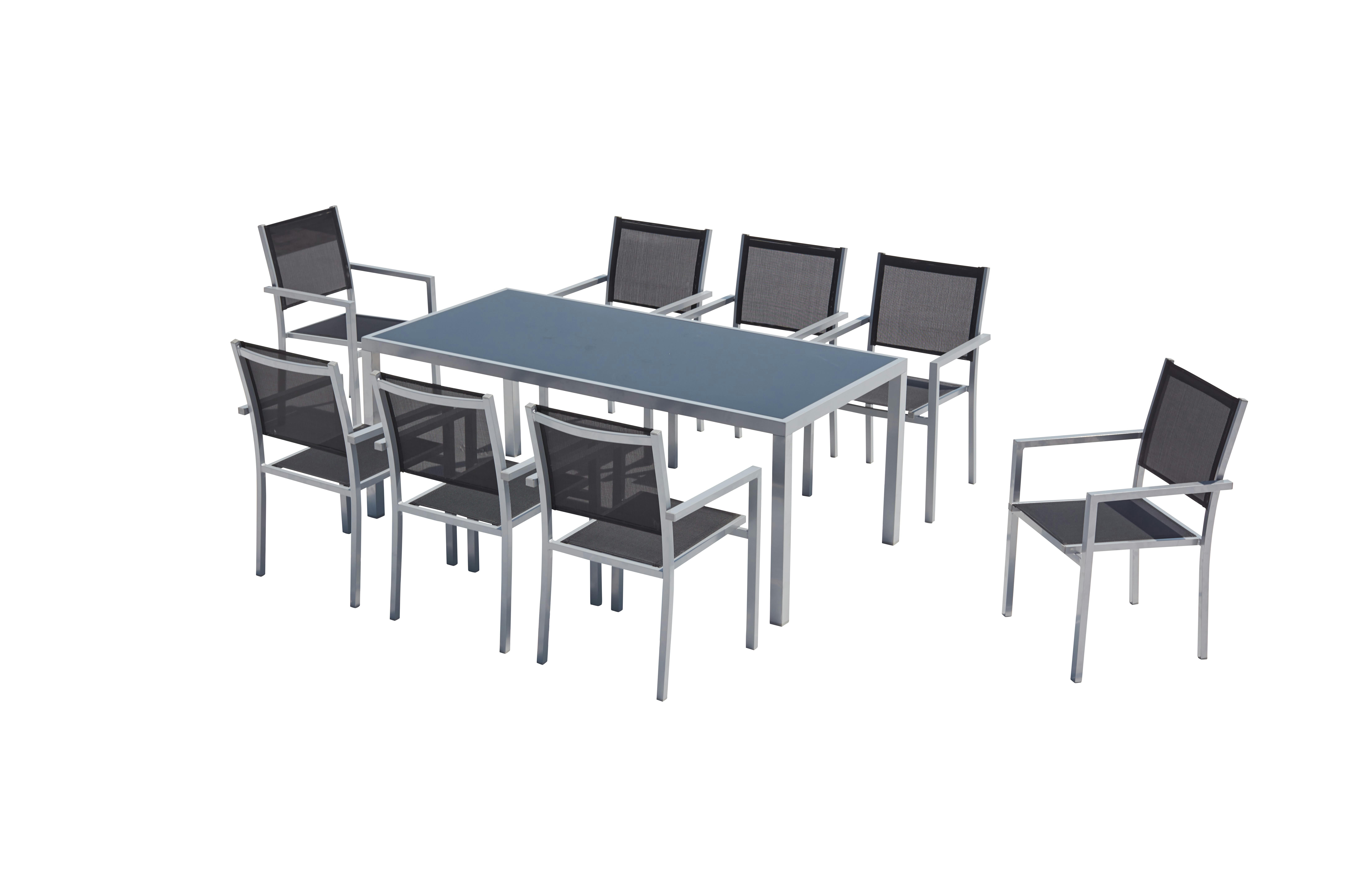 SALERNE - Table de jardin et 8 fauteuils aluminium et textilène gris