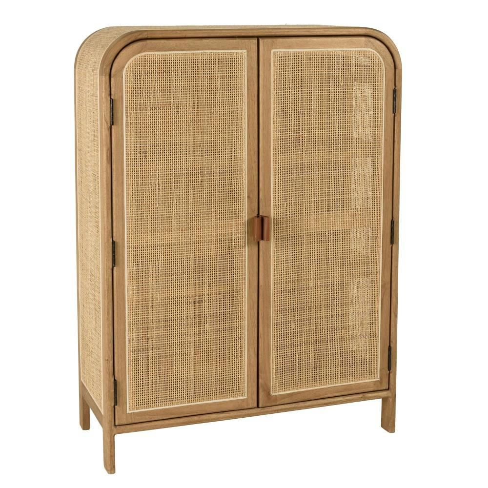 Armoire forme arrondie mindi et rotin naturel 2 portes 3 étagères TIVARO
