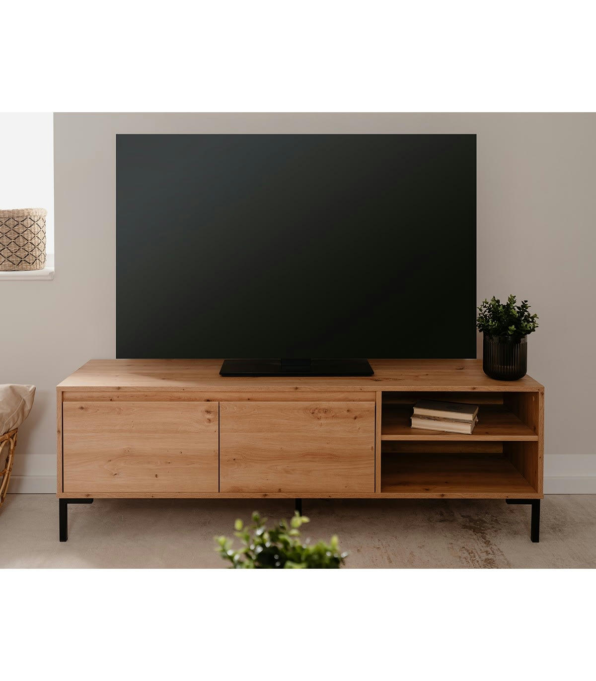 PLOCK - Meuble TV 2 abattants 2 niches effet bois - L150 x H49 cm