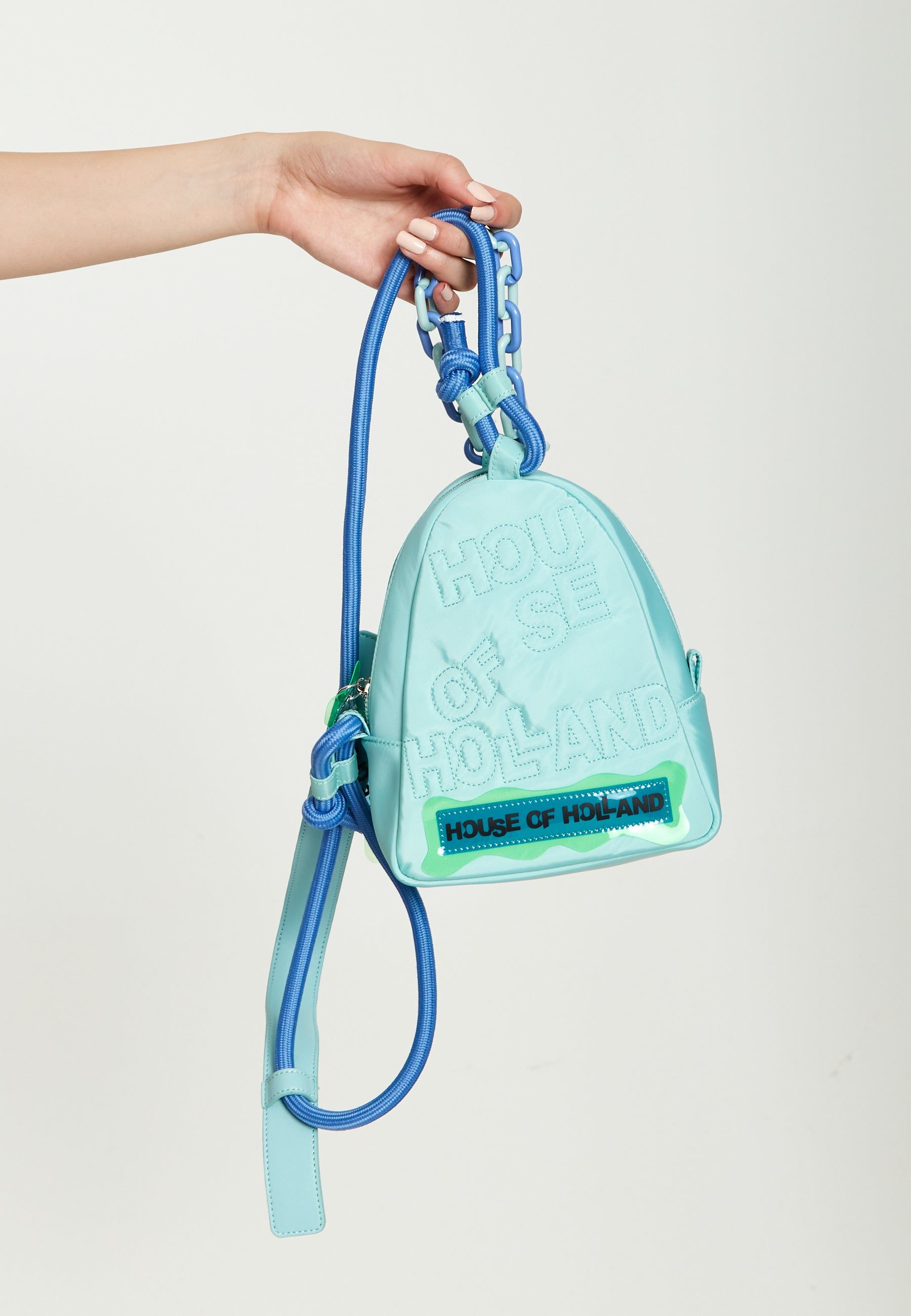 House of Holland Cross Body Bag With Quilted Logo In Blue Tones And Rope Strap Detail
