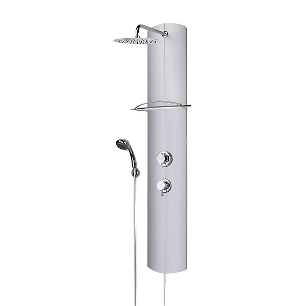 Colonne de douche thermostatique avec tablette, pomme de tête, douchette et flexible, en aluminium anodisé gris, Valentin Totmy
