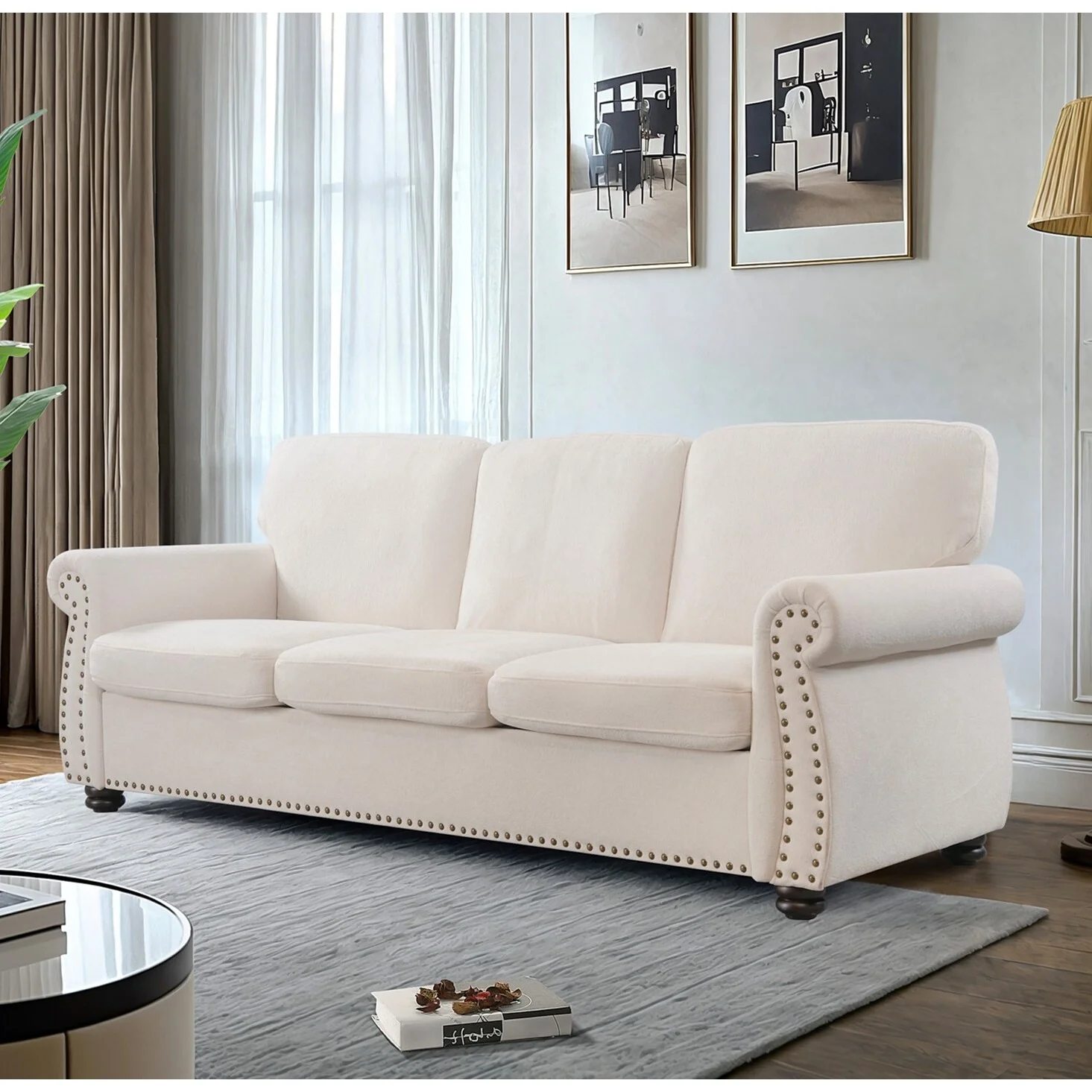 Soft Velvet Sofa, Upholstered 3 Seater Couch With High-Density Foam, Loose Back Cushions And Solid Wood Turned Legs