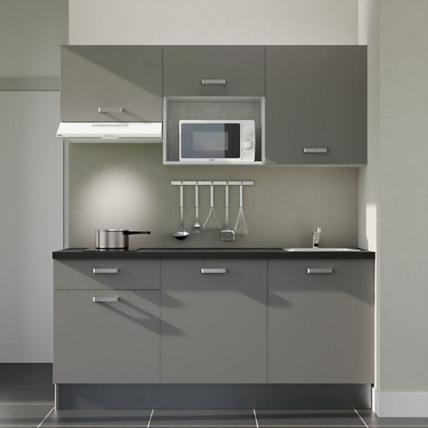 Kitchenette K30 façades Gris - Plan de travail Noir texturé - Crédences : Non - Evier inox - Electroménager Blanc inclus