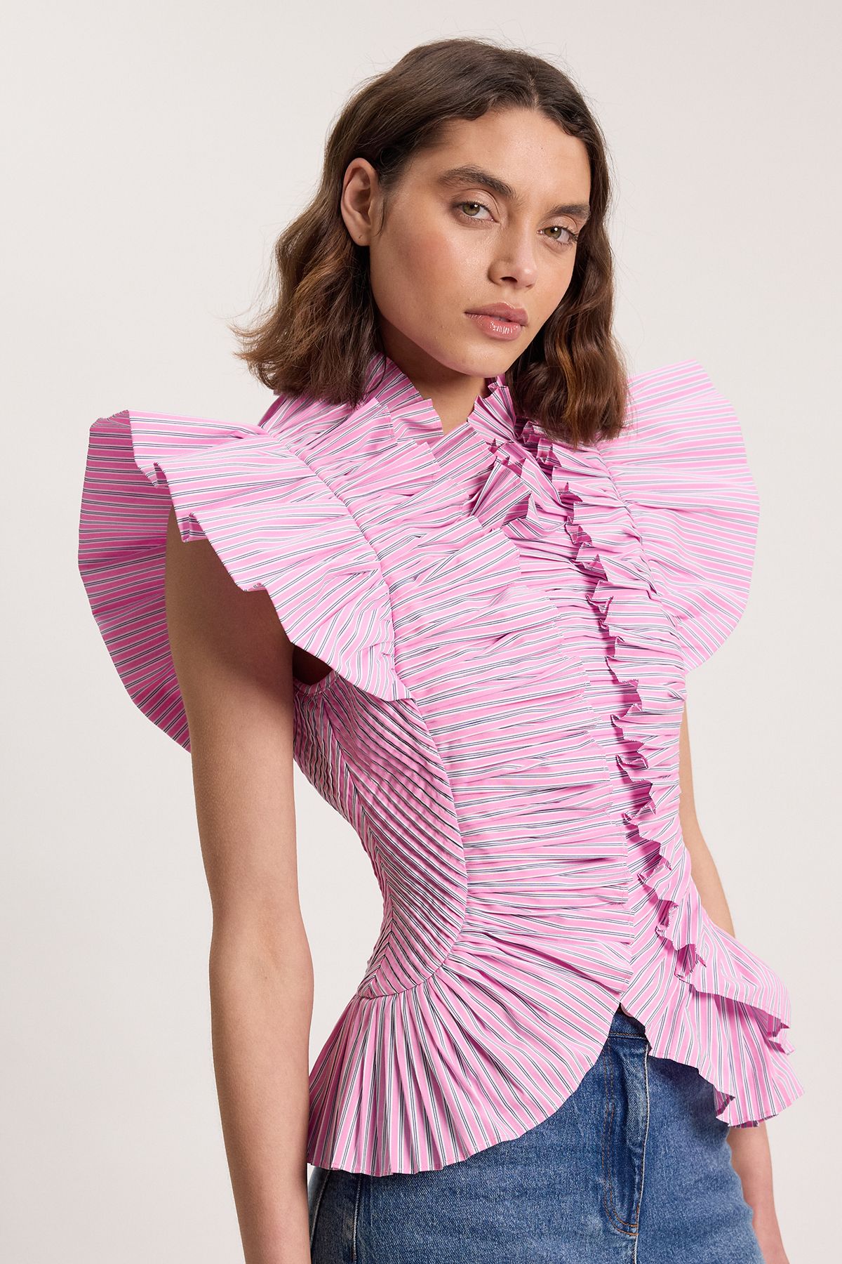 KarenMillen Pleated Stripe Ruffle Sleeve Woven Top