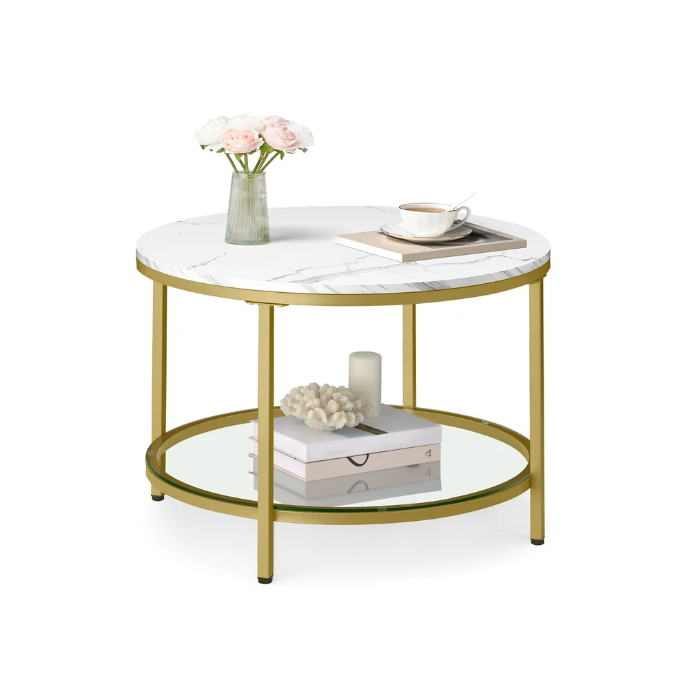 Table basse style moderne blanc marbré et doré métallique