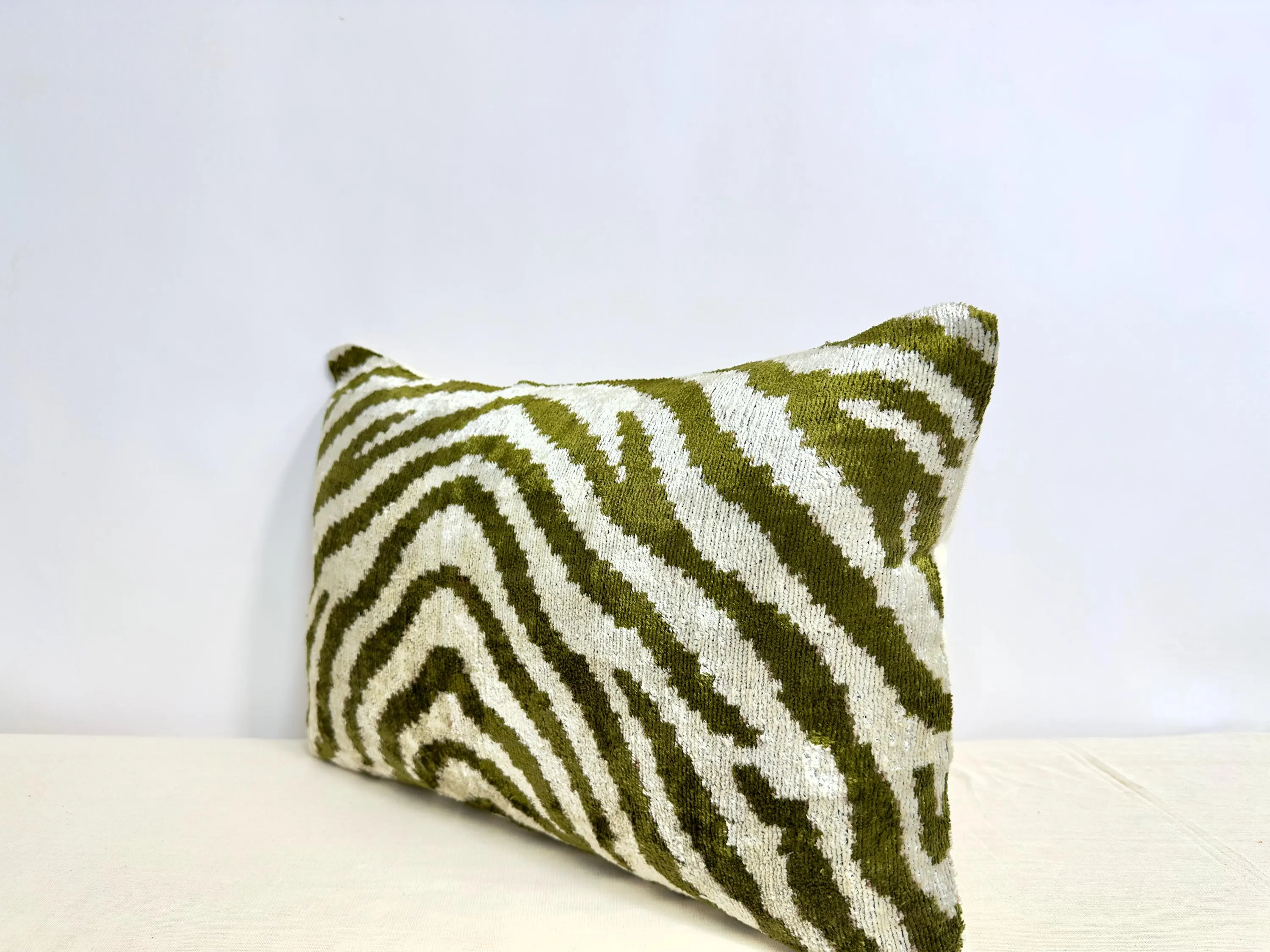 Green Zebra Ikat Velvet Lumbar Pillow Cover: Handmade Silk Cushion (16x24)