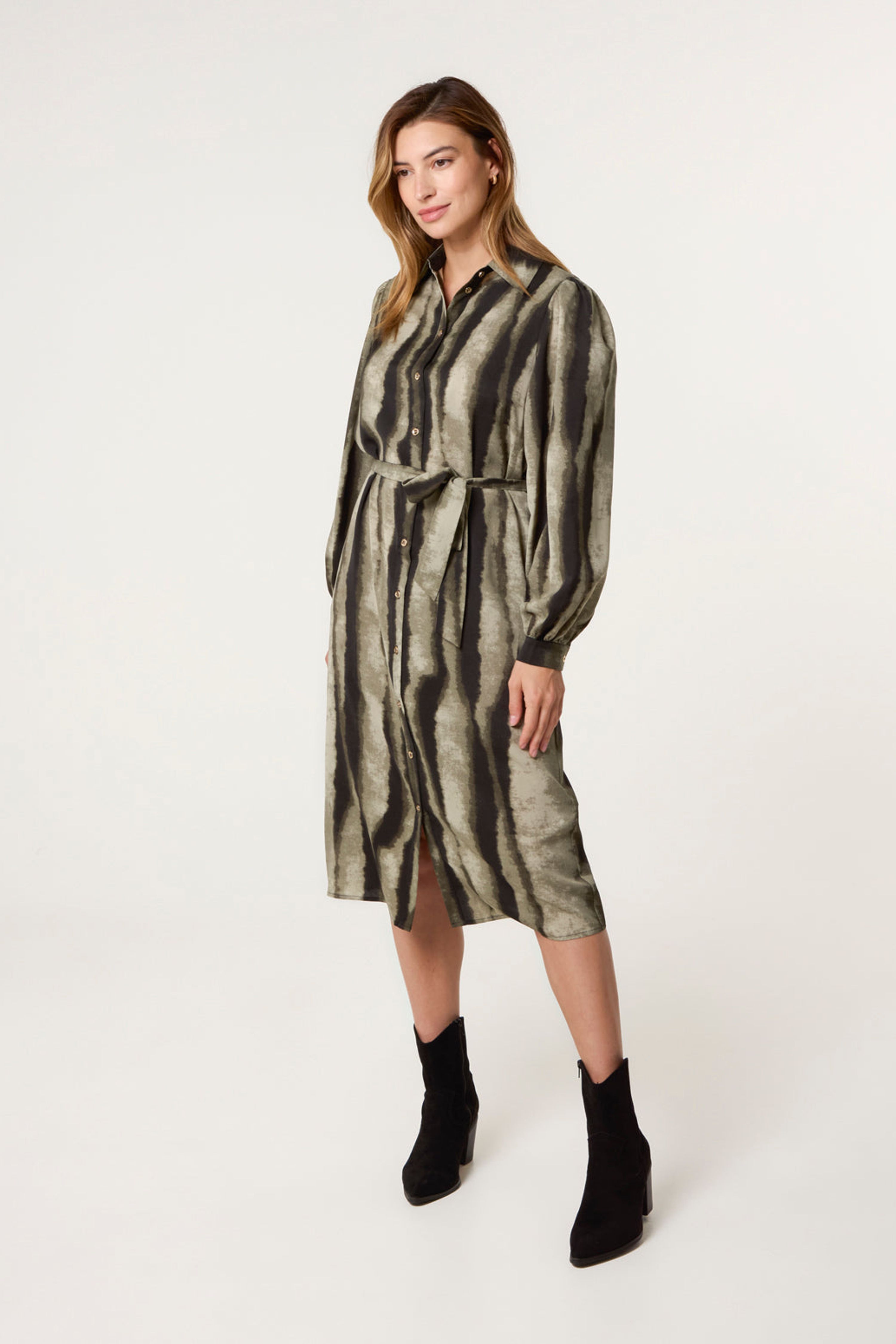 Blue Vanilla Khaki Printed Puff Sleeve Button Through Midi Dress