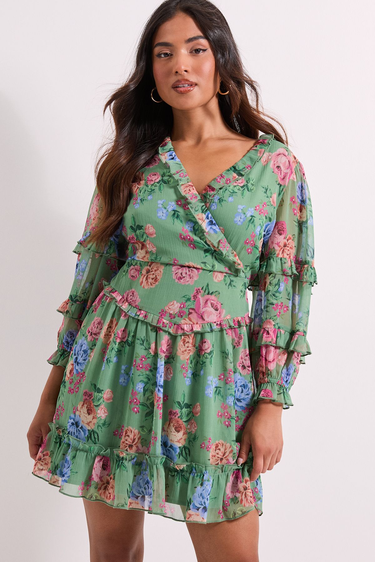 Dorothy Perkins Petite Green Floral Ruffle Trim Wrap Front Printed Mini Dress