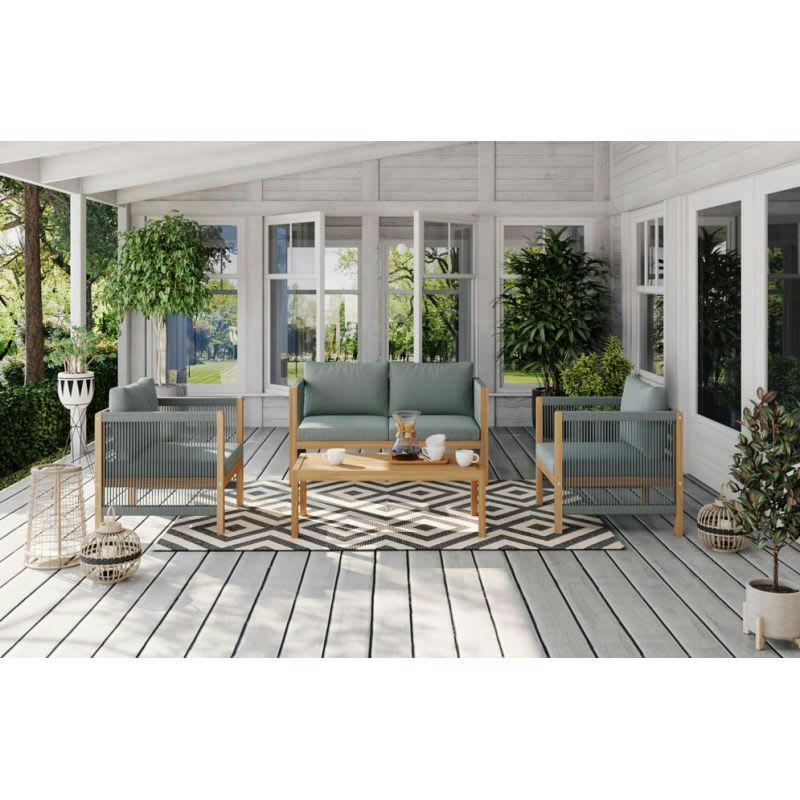 LAFITENIA - Salon de jardin en bois d'acacia et corde 4 places coussins vert