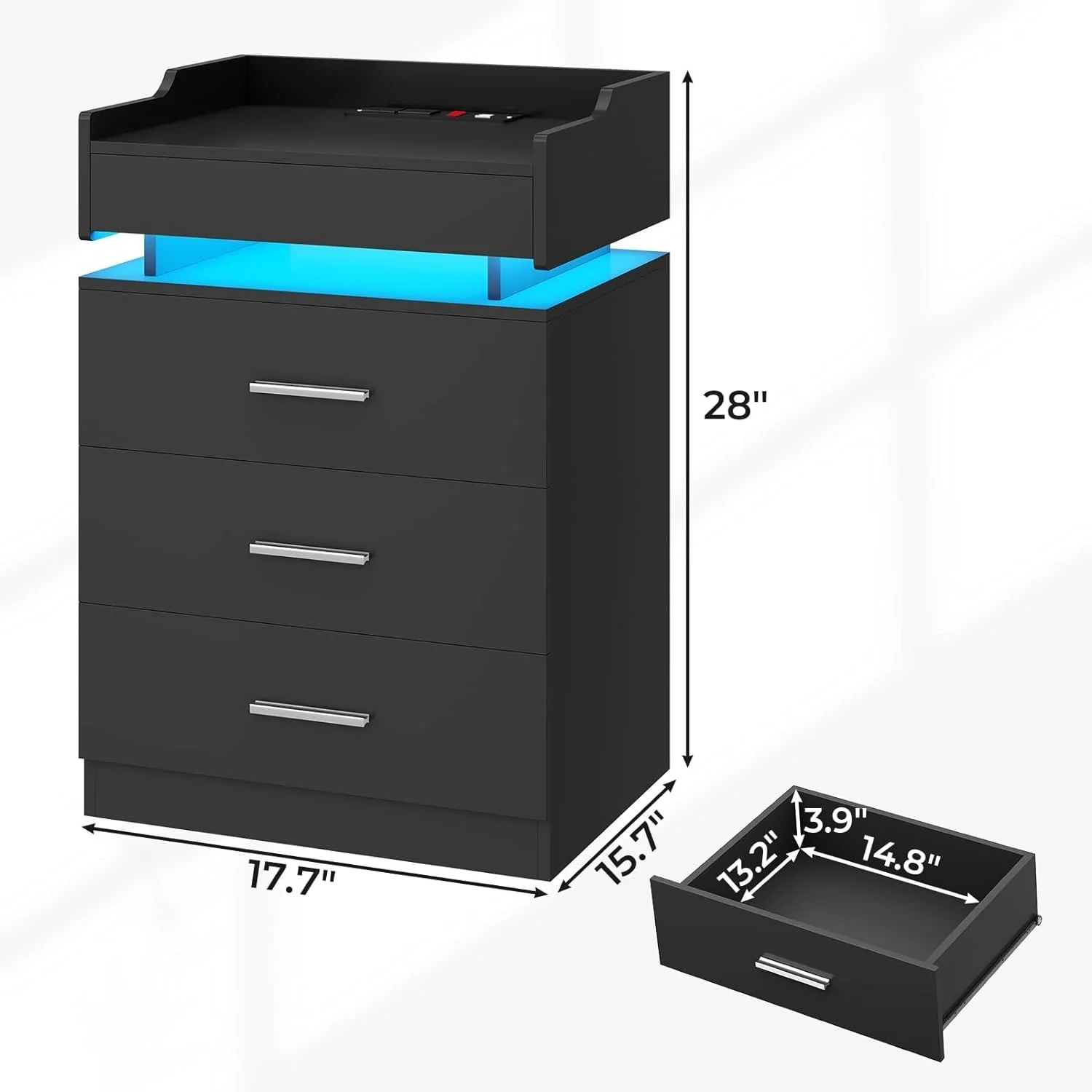 Nightstand with Charging Station and LED Lights 3 Drawers
