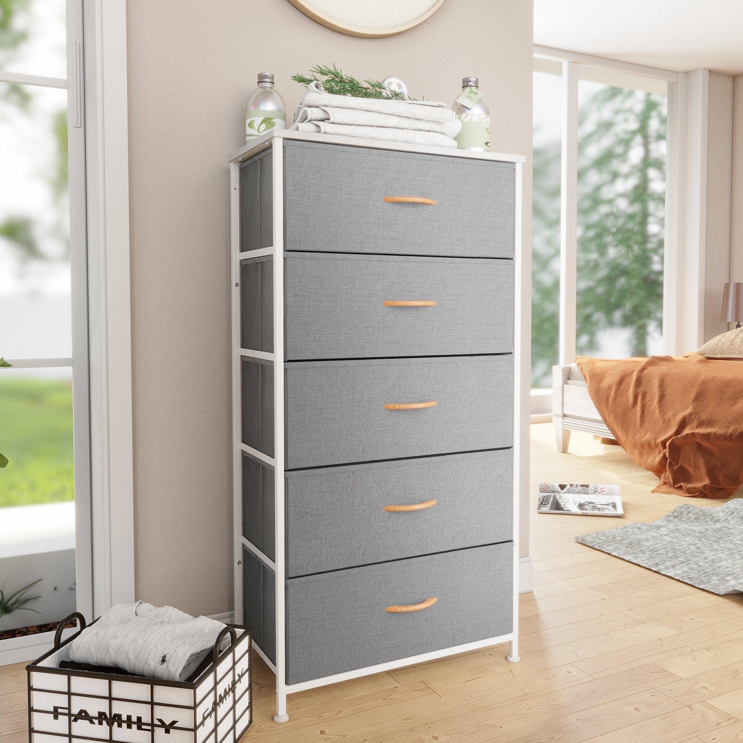Pellebant Fabric Vertical Dresser Storage Chest Tower with 5 Drawers