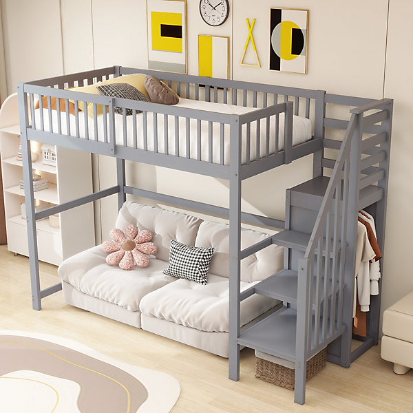 Lit Mezzanine enfant 90x200 cm avec Rangement, Escalier et Petit Dressing Intégré Bois Gris, Multifonction pour Chambre Ado, Gris