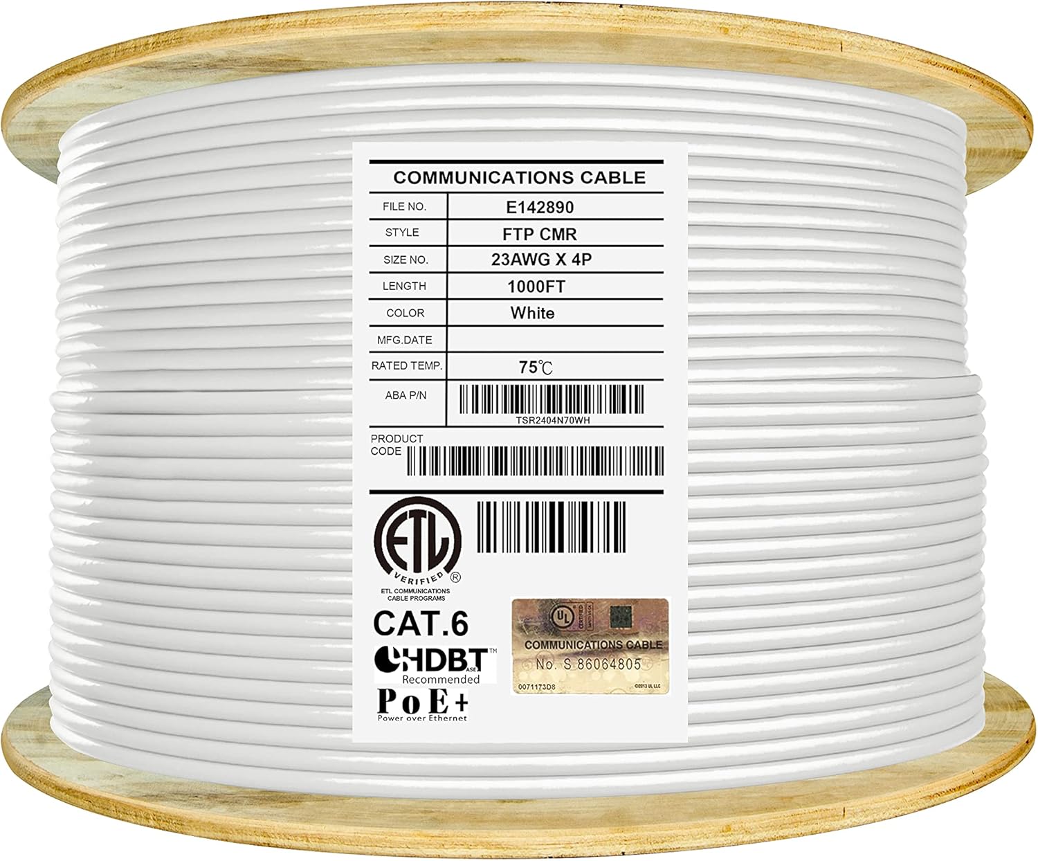 Cat6 Shielded Plenum (CMP), 1000ft, FTP 23AWG, Solid Pure Copper, 550MHz, UL Listed, UL-LP Certification, Higher Performance PoE, Bulk Ethernet Cable Reel, White