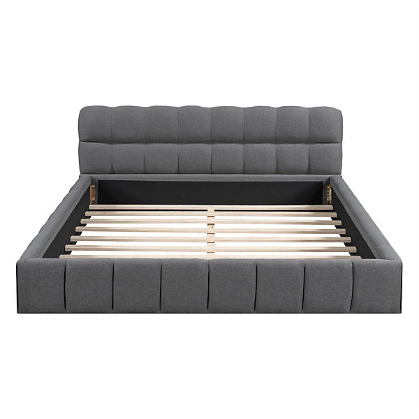 Lit double rembourré 140x190cm, avec dossier souple, lit plat avec encadrement rembourré et sommier à lattes, lin, gris