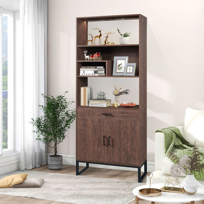 75.9Modern Open Bookshelf with Doors, Bookcase with Storage drawer and LED Strip Lights,Free Standing Display Rack,Walnut