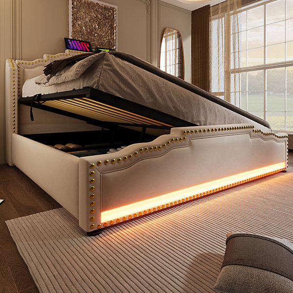 Lit 140x200 cm avec rangement hydraulique, éclairage LED multicolore et tête de lit tapissée en velours beige