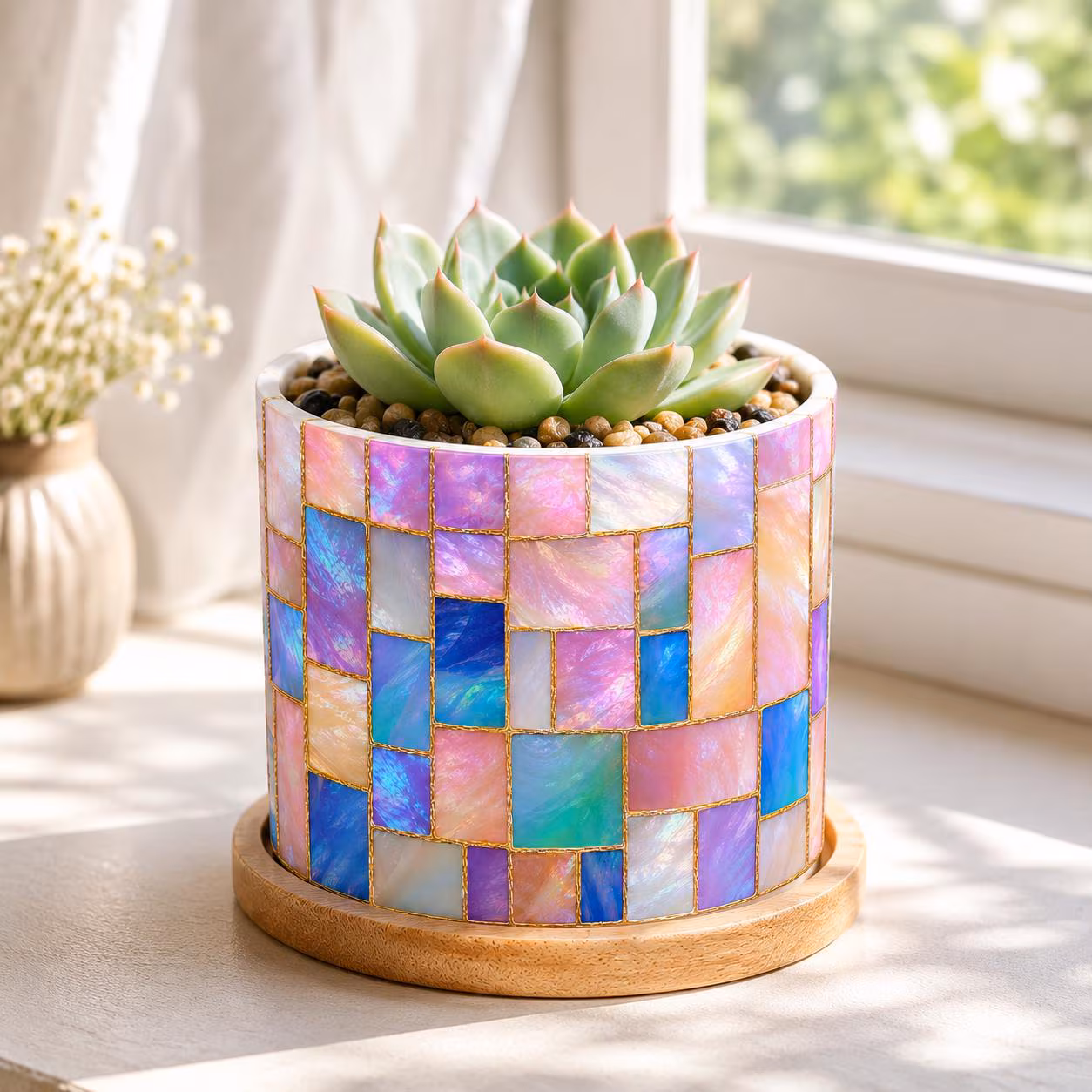 Succulent Planter Mother-of-Pearl Plant Pot, Patchwork Stained Glass Print Pot, Plant Lover Desk Decor, Gift For Her, Nature Lover Gift