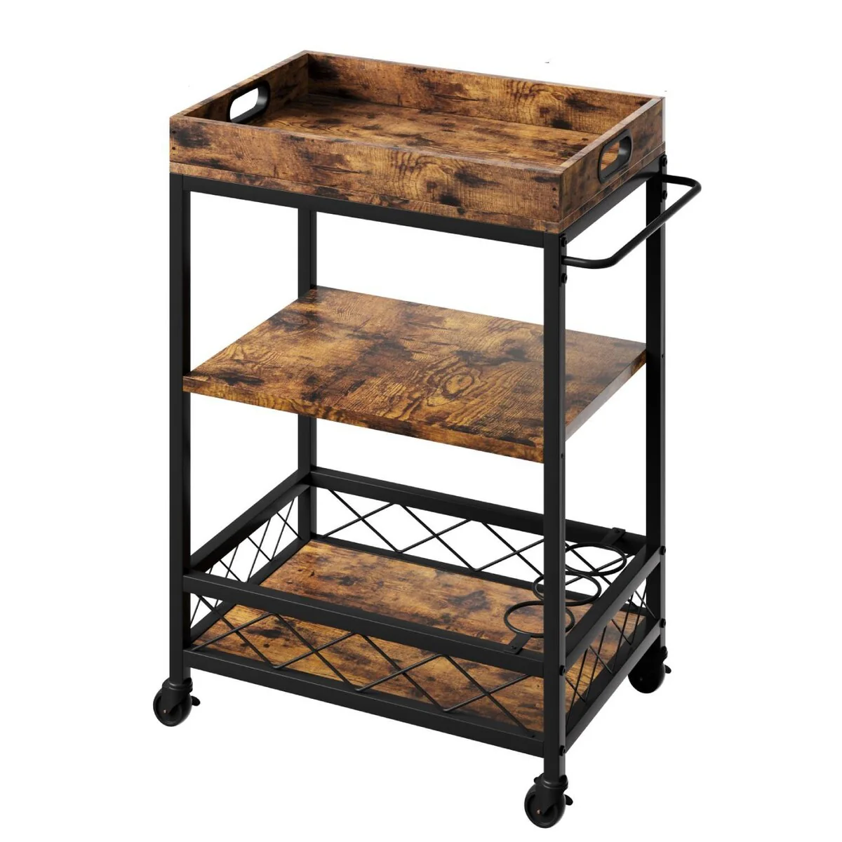 3 Tier Serving Bar Cart with Wheels & Wine Rack - N/A