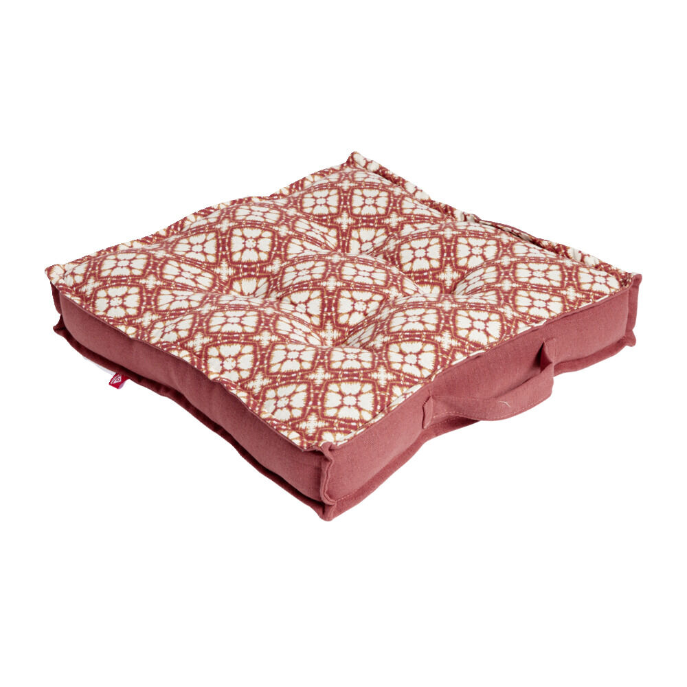 Coussin de sol carré rouge terracotta motifs blancs 40x40cm