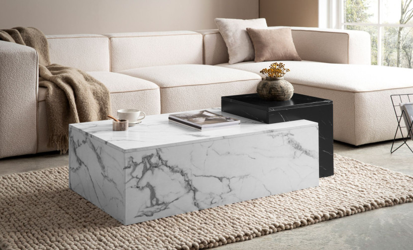 Stół Kawowy 120x60x40 cm Biały Czarny Stolik Salonu Marmurowy z Półkami