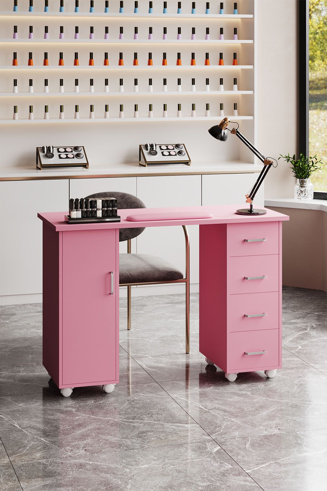 SHEONLY Mobile Manicure Table with 1 Cabinet and 4 Drawers