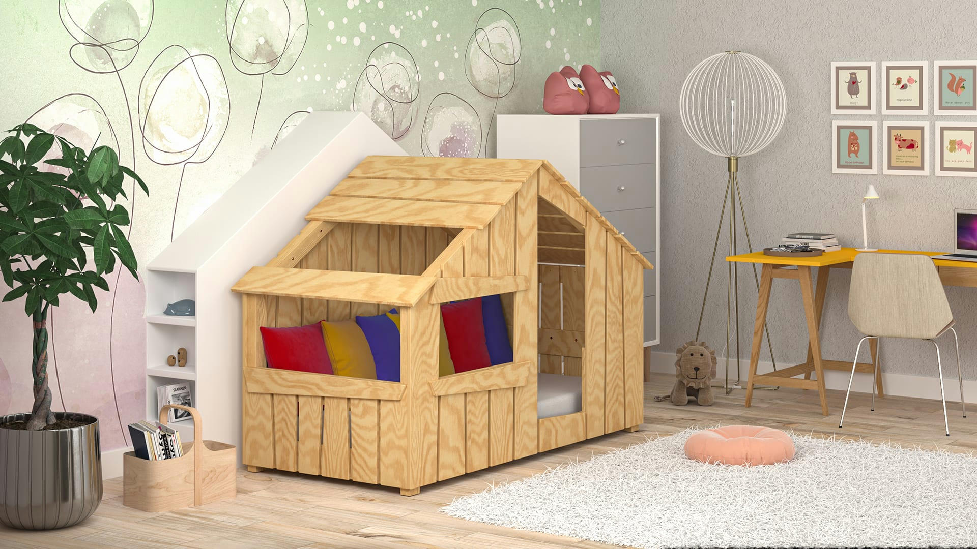 - Chalet lit simple en contreplaqué de pin 190x90 naturel