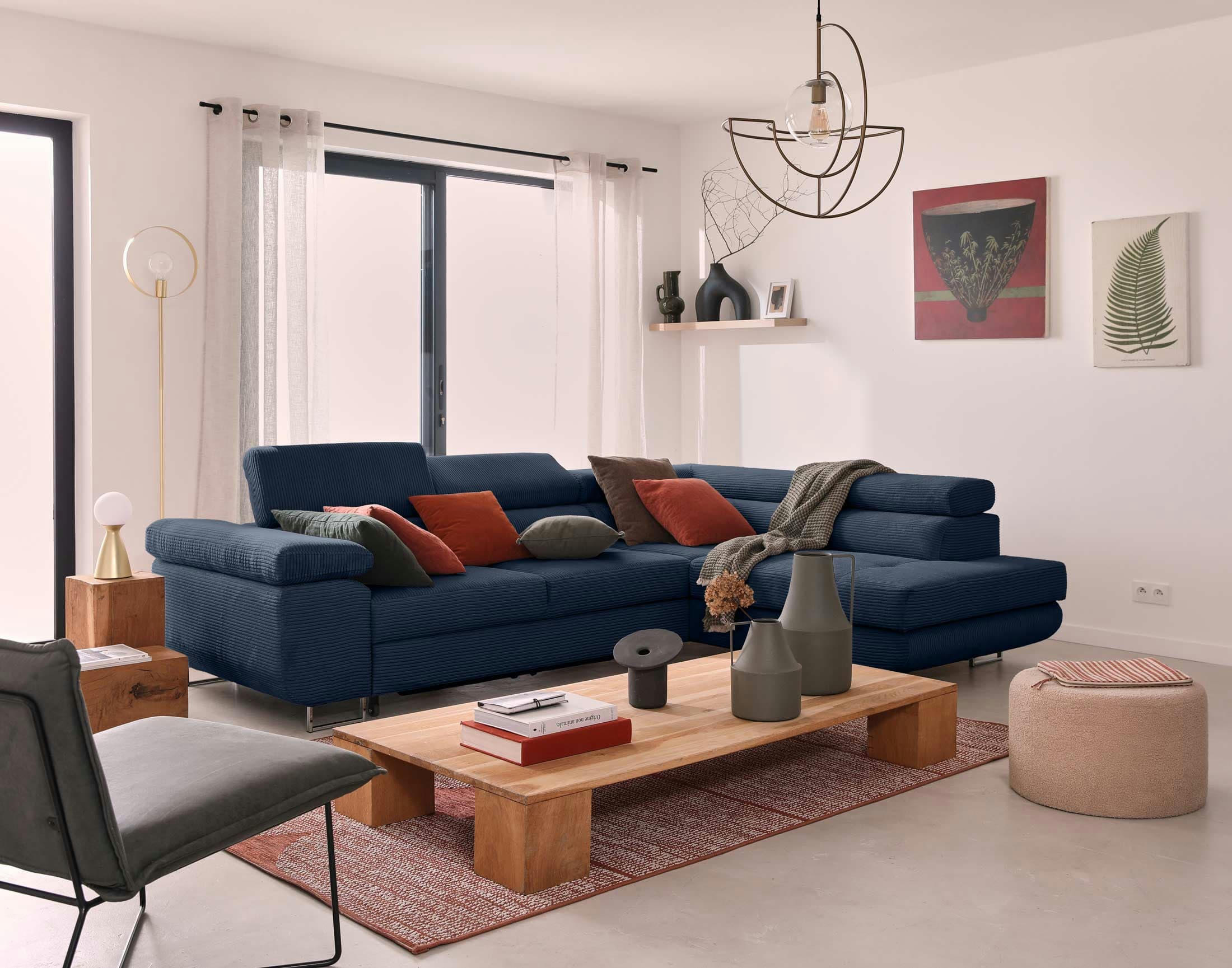 ZARIA - Canapé d'angle droit convertible 5 places en velours côtelé bleu