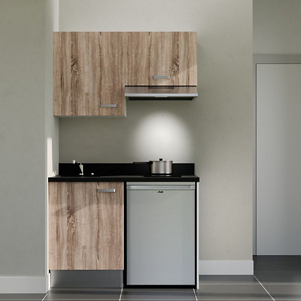Kitchenette K01 - 120 cm - façades Bois - Plan monobloc en quartz coloris Nero évier à gauche - Electroménager Inox