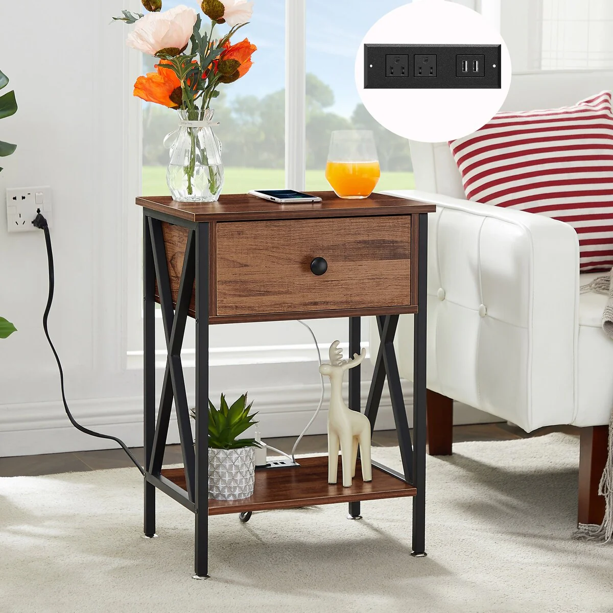Javlergo 1-Drawer Nightstand with Charging Station and Storage Shelf