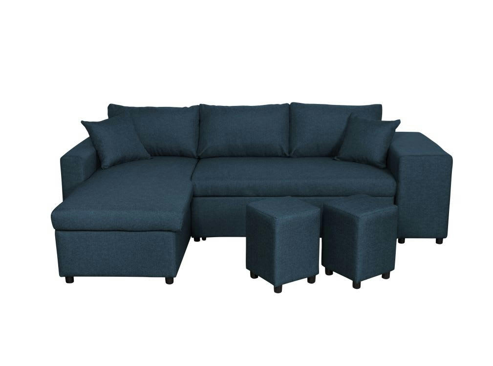 OSLO - Canapé d'angle convertible bleu pétrole avec rangement poufs à droite