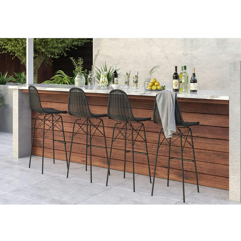 TIPTUR - Chaise de bar 76 cm en résine tressée noire (lot de 2)