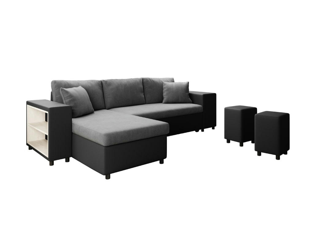 MADY - Canapé d'angle convertible avec rangement poufs à droite noir/gris