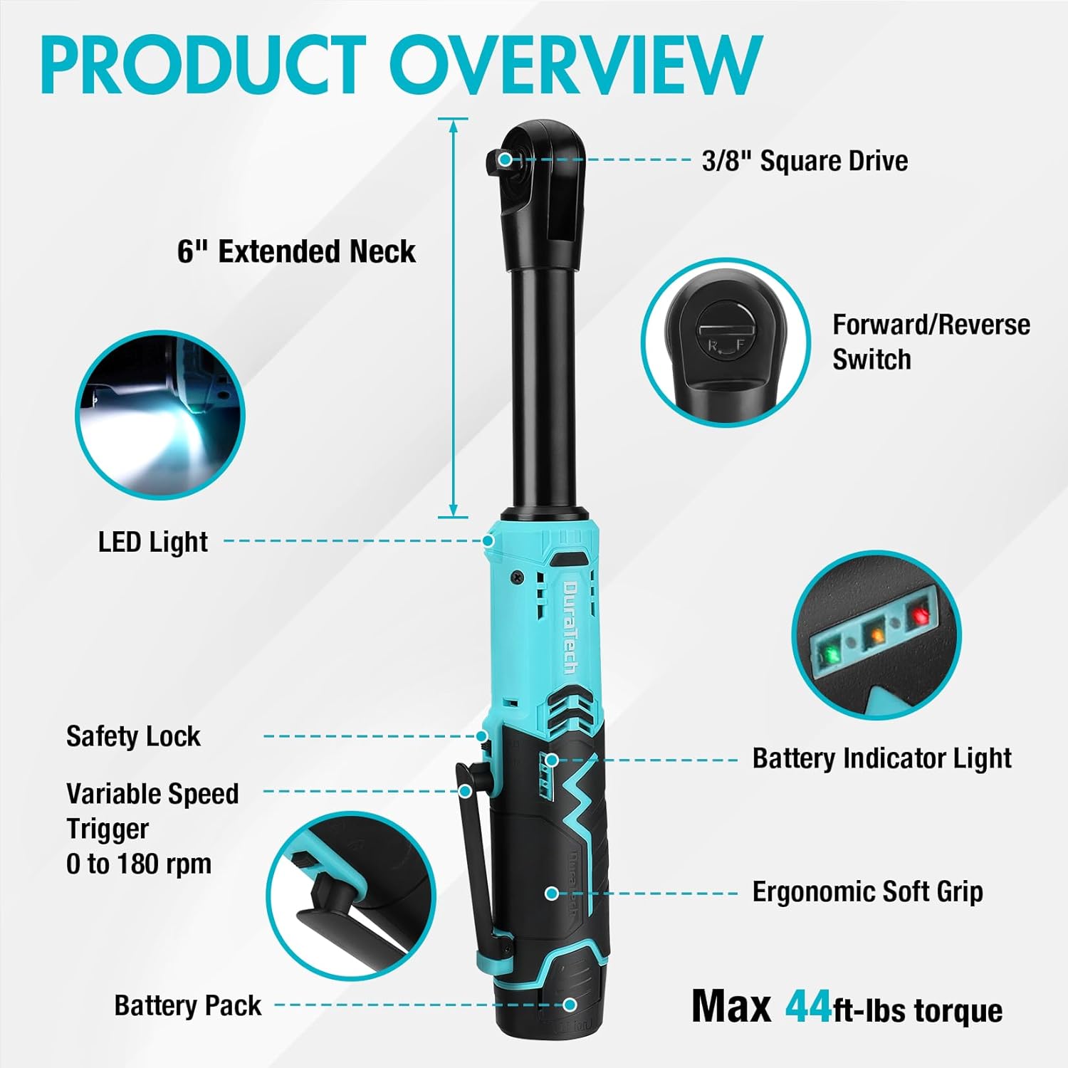DURATECH Extended Cordless Ratchet Wrench, 3/8 12V 44 Ft-Lbs Long Neck Electric Ratchet Wrench with 2-Pack 2.0Ah Li-Ion Battery, 1 Hour Fast Charger, 10 Sockets Accessories & Variable Speed Trigger
