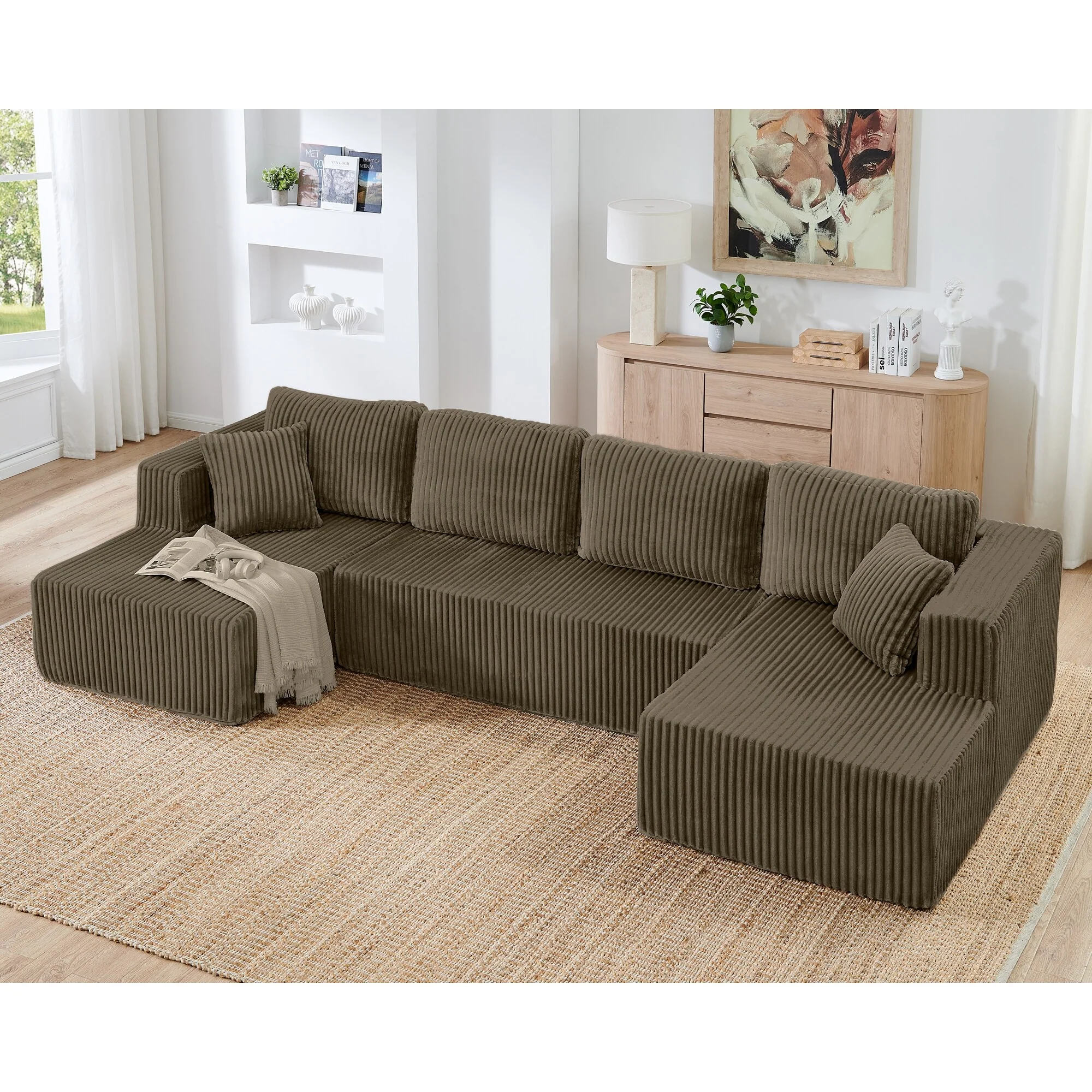 U shape Modular Sectional Sofa, Compressed Sectional Sofa Modern Minimalist Style Corduroy Couch, Sleeper Sofa