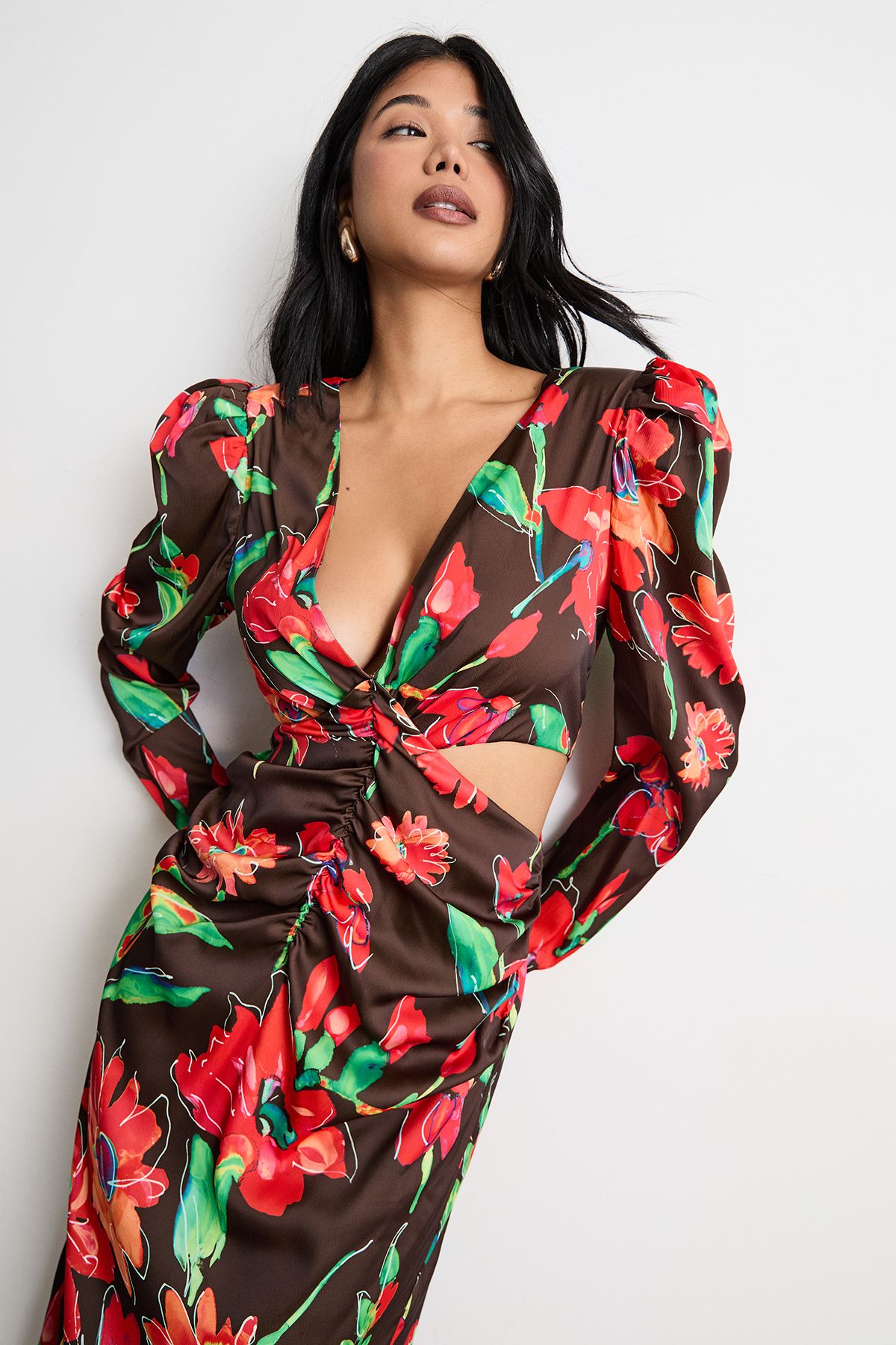 Warehouse Satin Cut Out Waist Plunge Neck Midi Dress