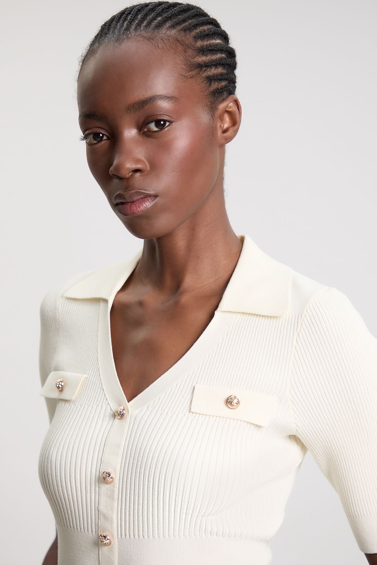 KarenMillen Military Trim Rib Knit Short Sleeve Collared Top