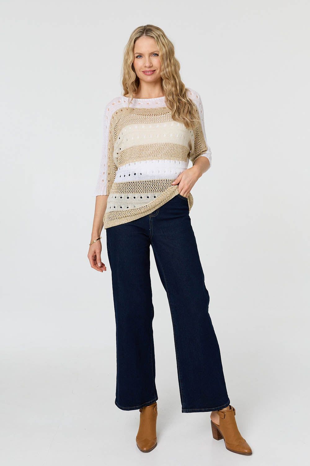Izabel London Semi Sheer Mesh 3/4 Sleeve Knit Top