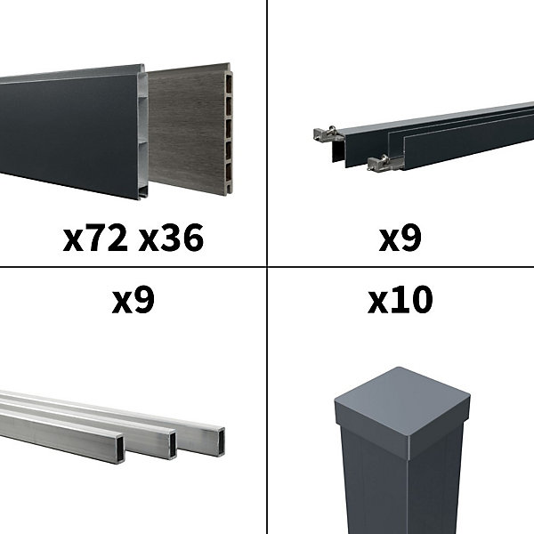 Kit Clôture Aluminium BAHIA &CRUZ Ardoise 16,5x1,8m - Bois Composite &Aluminium - Poteaux Gris - Brise Vue - Palissade