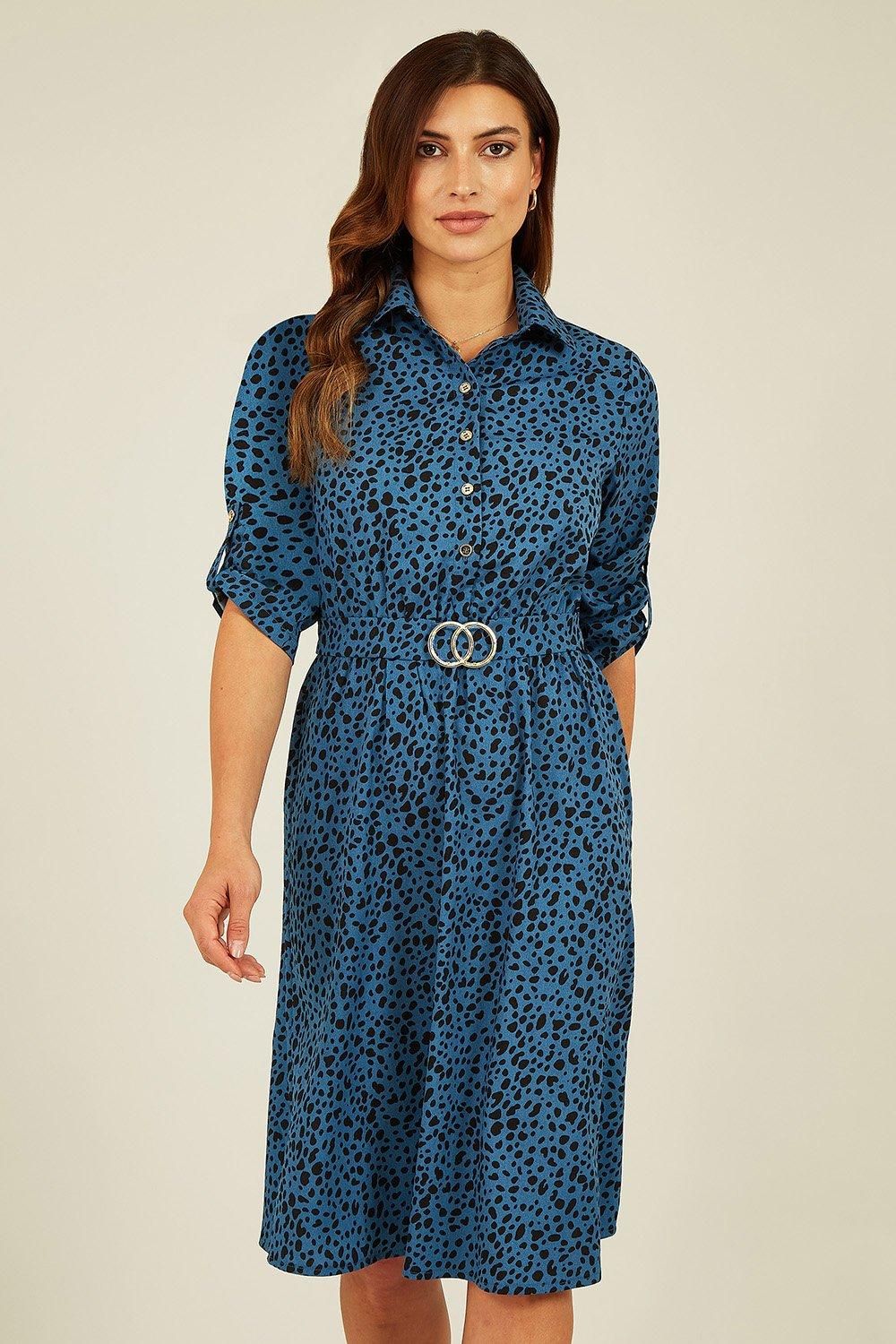 Mela Blue Dalmatian Print Gold Buckle Midi Dress