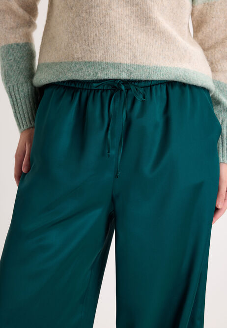 Womens Green Satin Drawstring Wide Leg Trousers