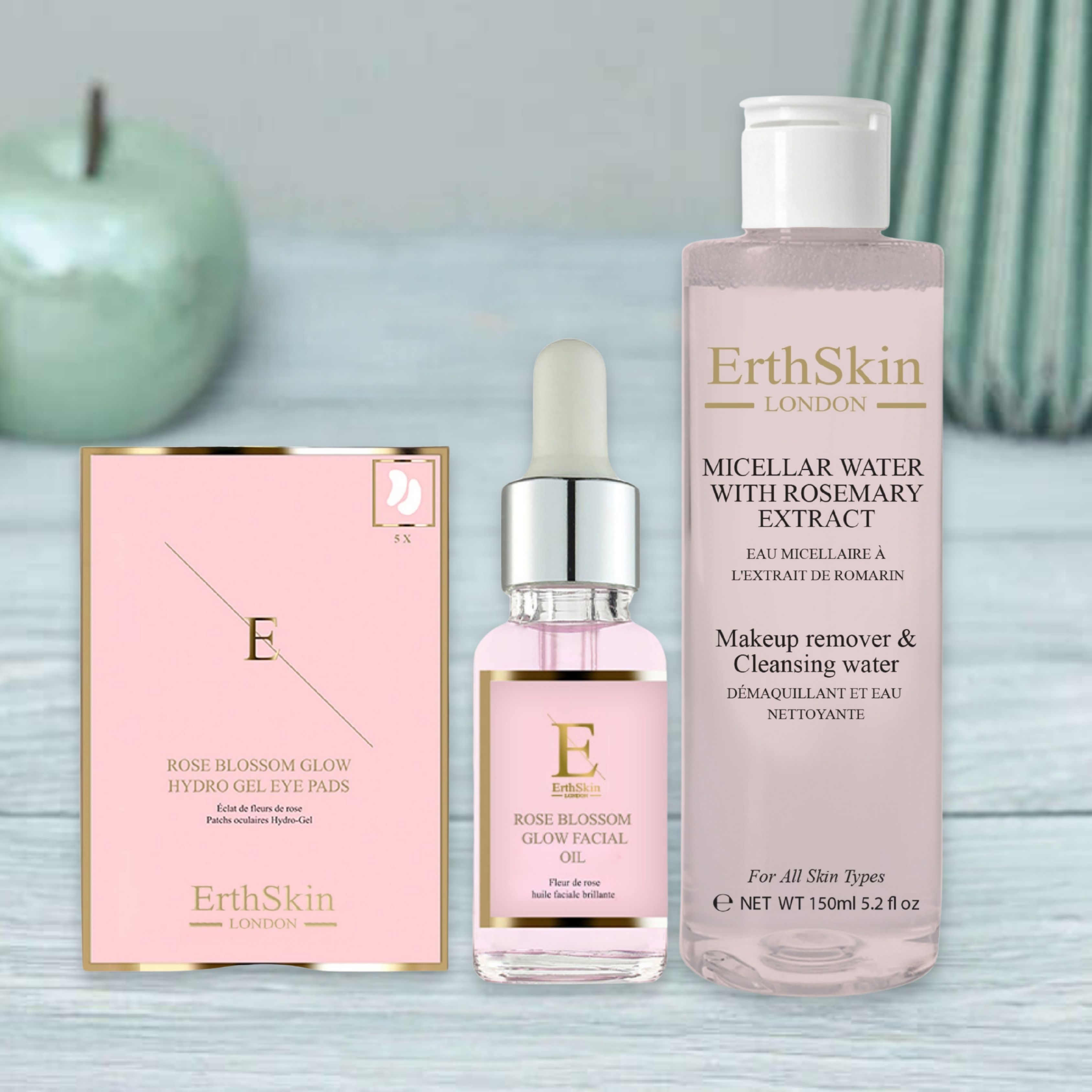Erth Skin London Rosemary Micellar Water   Rose Glow Oil & Rose Eye Pads
