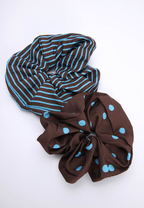 Womens 2pk Chocolate Brown & Blue Polka Dot Scrunchies