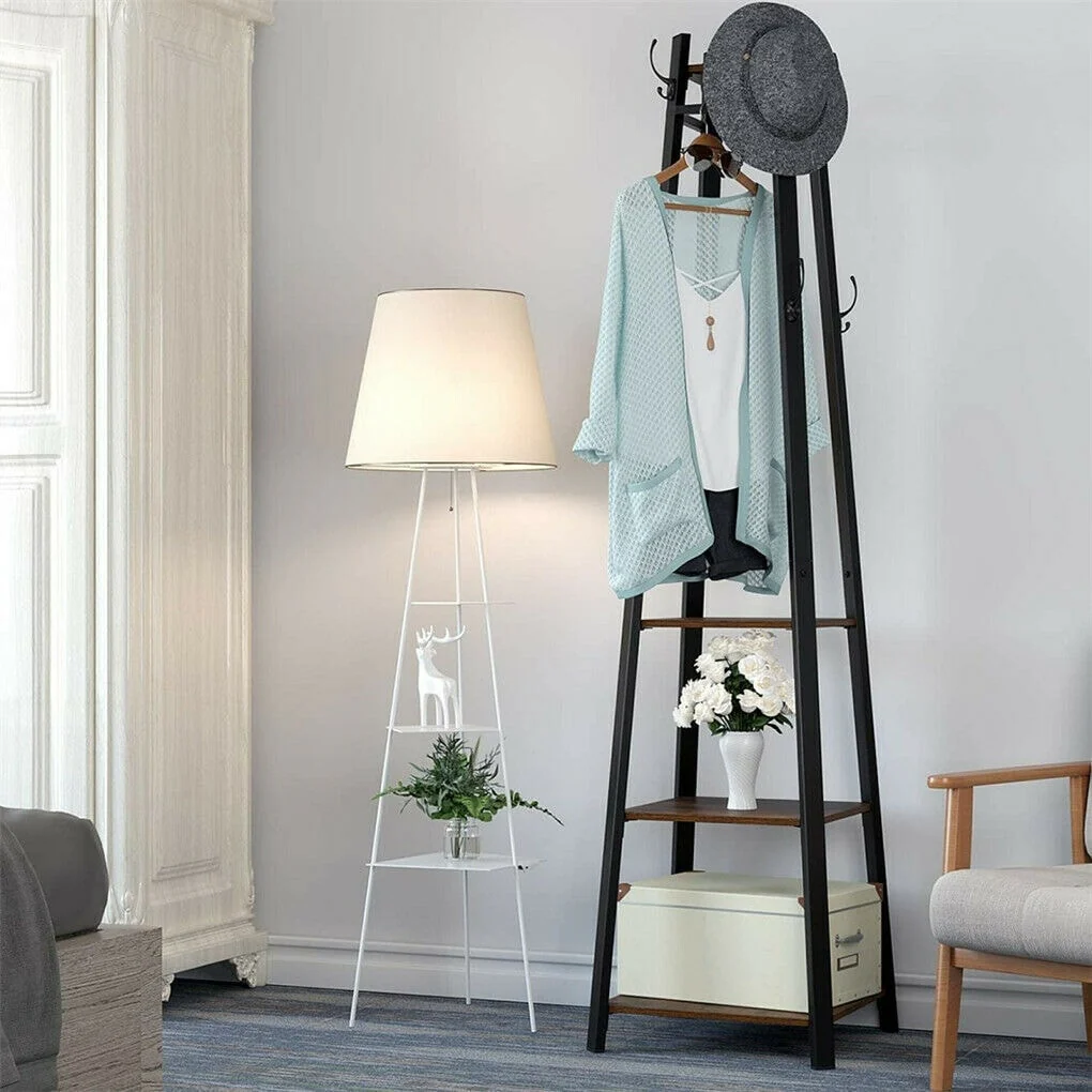 8 Hook Free Standing Coat Rack With Storage Shelves Entryway Hall Tree - 17x17x71.3inch