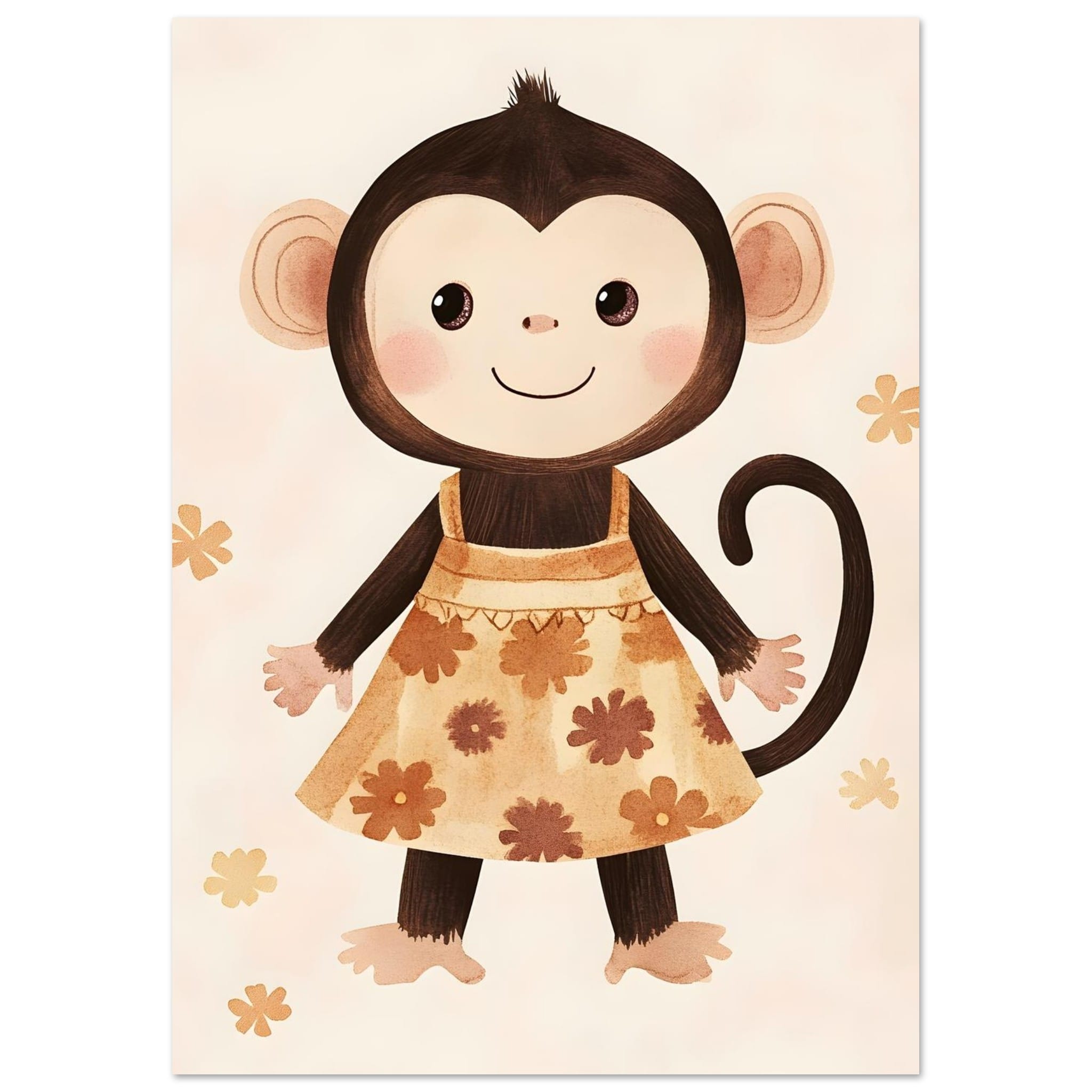 Artfulprints Poster Aapje in bloemenjurk  - A4 21x29.7 cm - Meerkleurig
