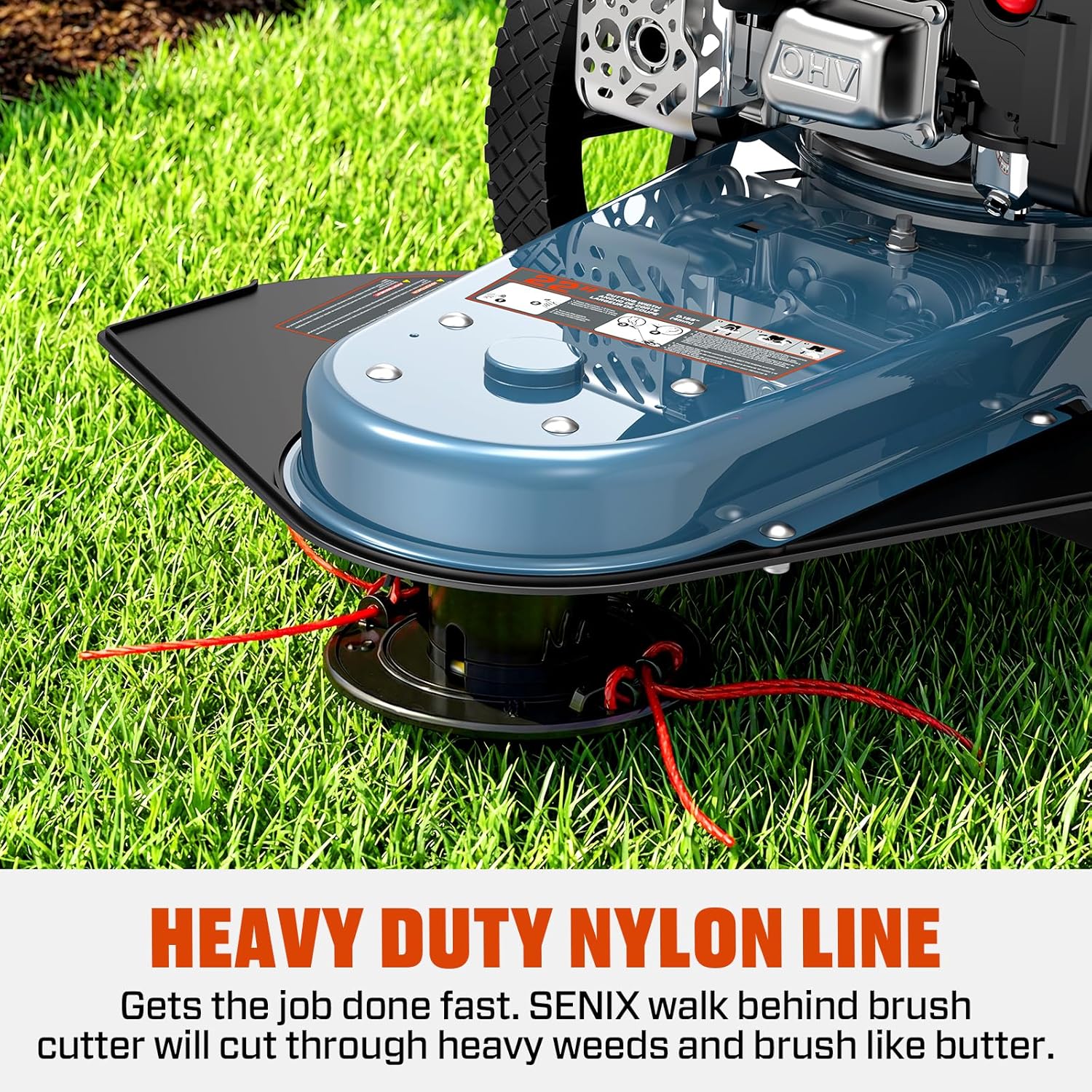SENIX 22-Inch Gas Walk Behind Brush Cutter and String Trimmer, 160 cc 4-Cycle Engine, 14 Rubber High Wheels, with .155-Inch Heavy-Duty Line, Steel Deck, Adjustable Cutting Height