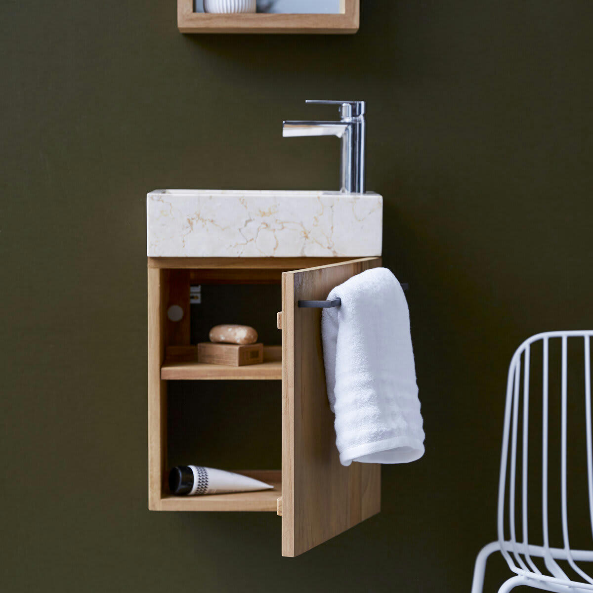 STELLE - Meuble Lave main en teck massif et marbre cream