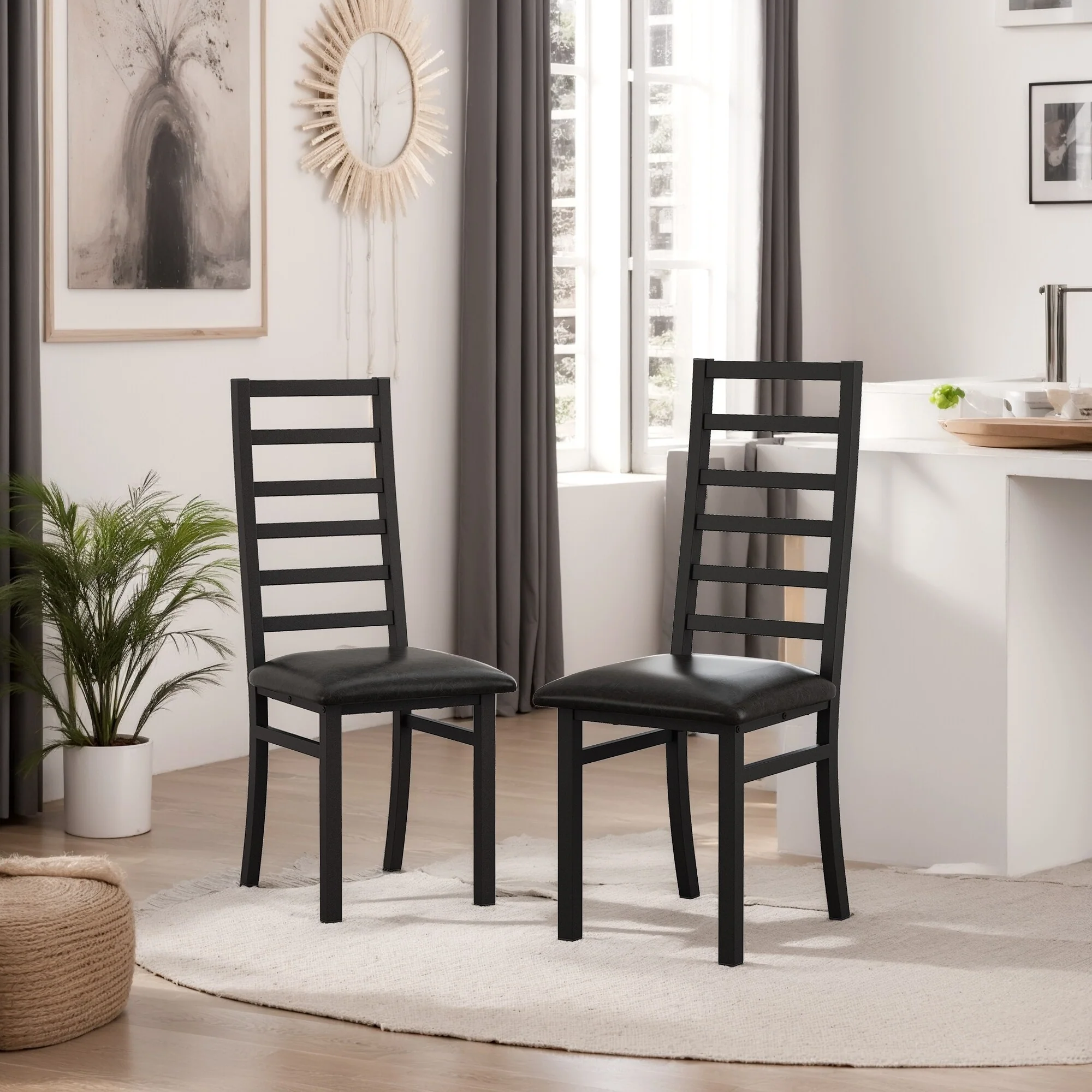 Metal Dining Chairs Set of 2, Steel Legs and PU Leather Seats, High Back Armless Dining Chairs, for Kitchen, Living Room