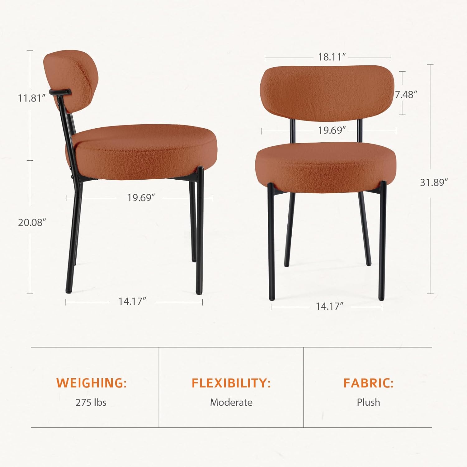 DUMOS Dining Chairs Set of 4, Mid Century Modern Chair Round Upholstered Curved Backrest, Kitchen Vanity Living Room Chairs with Black Metal Legs, Orange