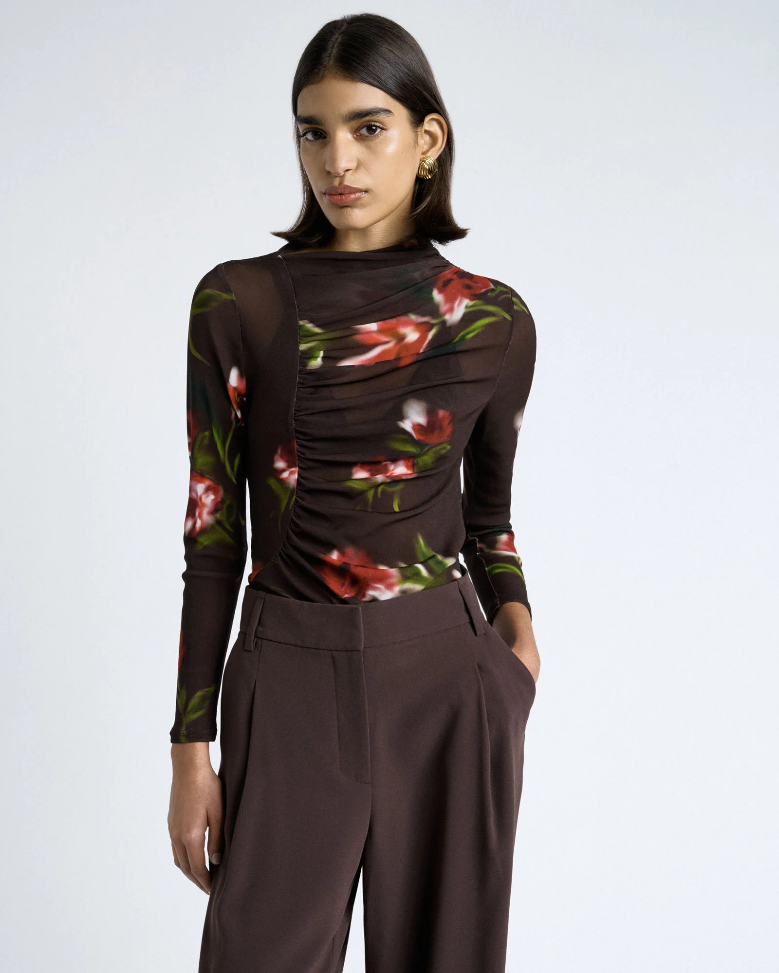 Blurred Floral Ruched Mesh Long Sleeve Top
