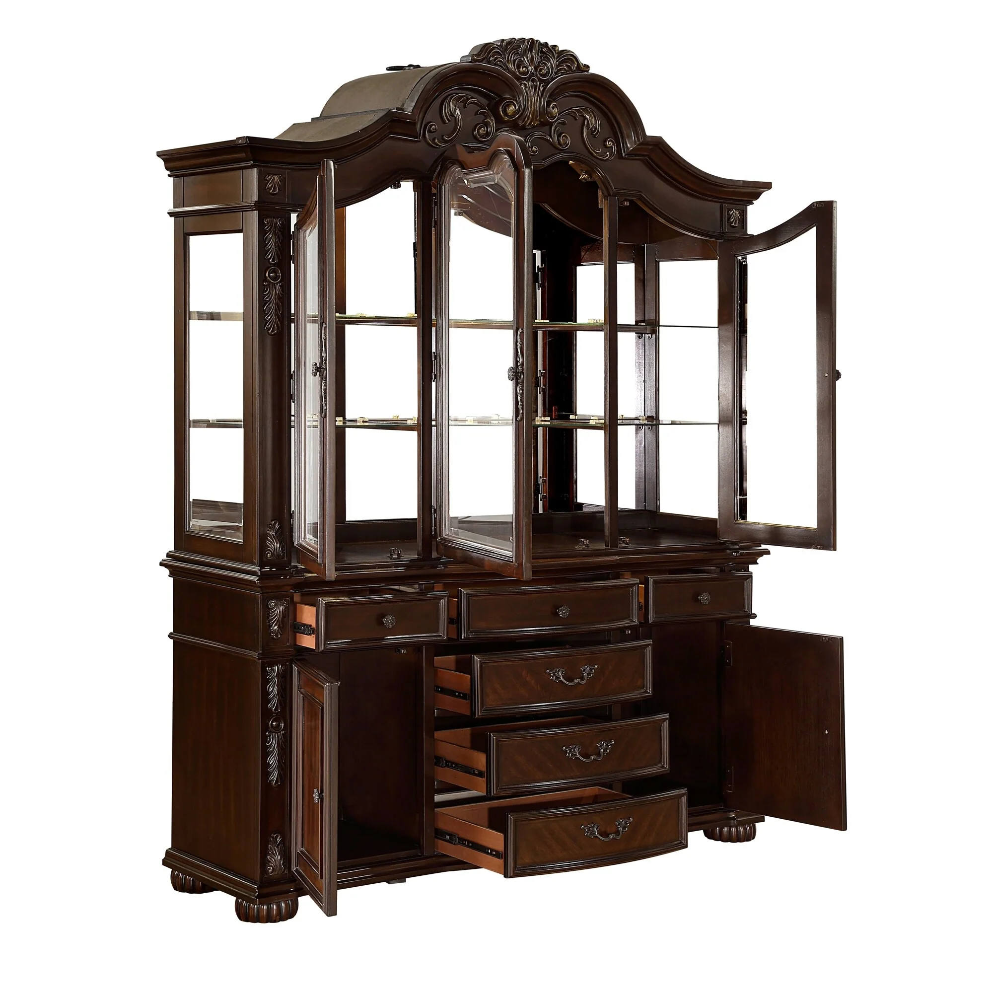 Eva Buffet China Cabinet with Hutch, Baroque Cherry Brown, 87 Inch